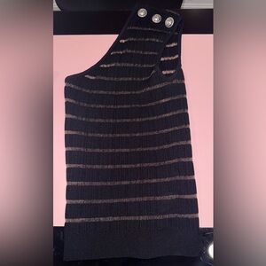 One Shoulder Black and Sheer Mesh Balmain Stretchy Knit Top